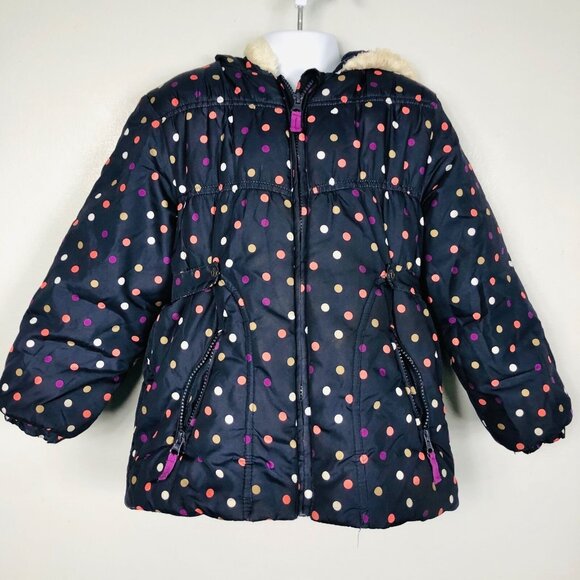 OshKosh B'Gosh Girls 6X Coat Navy Blue Multicolored Polka Dots Puffer Winter - Picture 2 of 9
